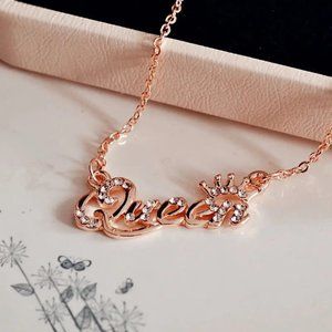 Rose Gold Queen Letters Crystal Bling Necklace w/ Crown Pendant,‎ Party Jewelry